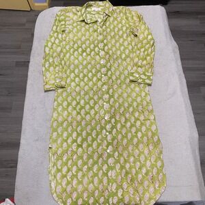 Mary Marshmallow Dress Medium Green Fish Print Button Midi Coastal Preppy